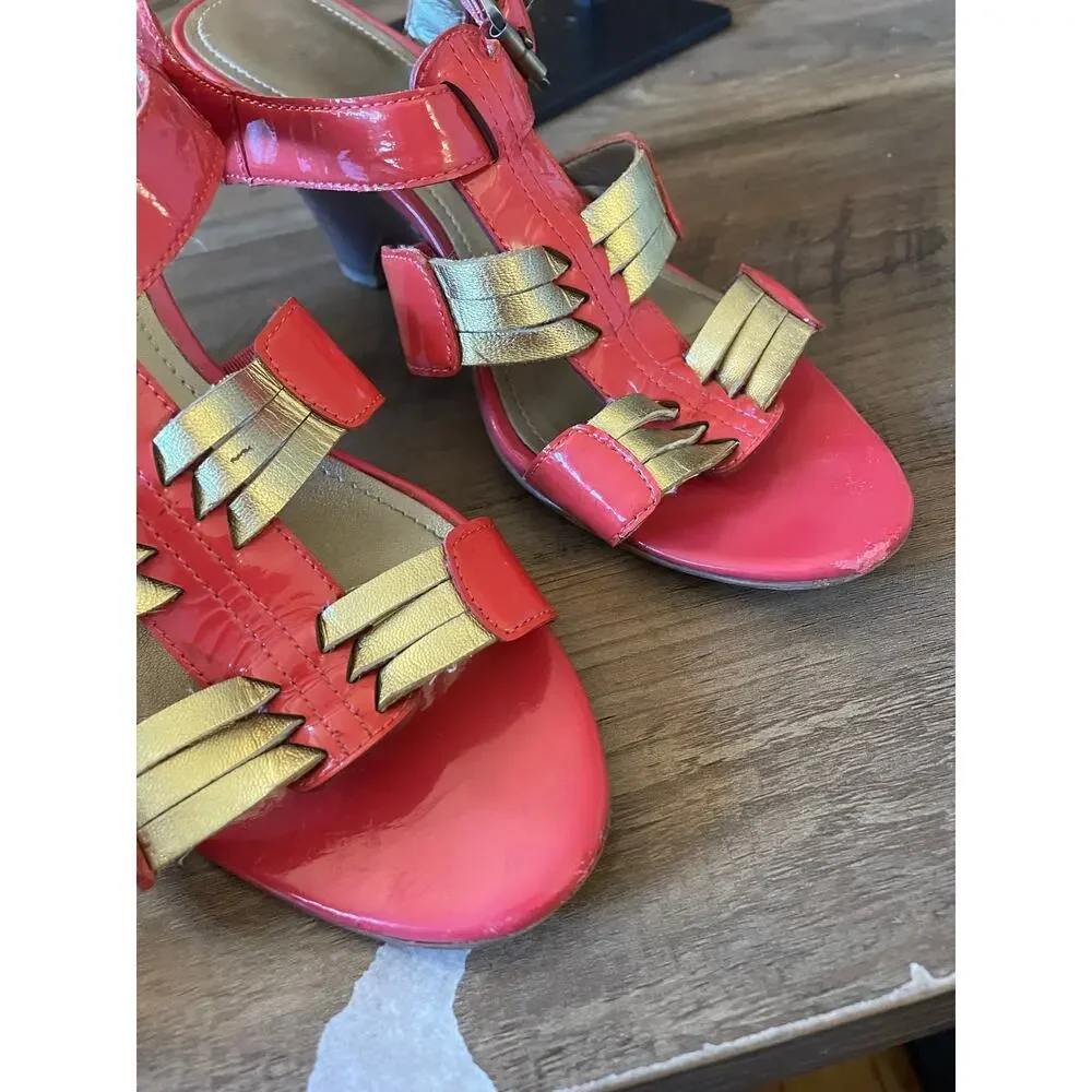 6/$25 Circa Joan & David Luxe Coral/Gold Kitten Heel Buckle Ankle Strappy Heels